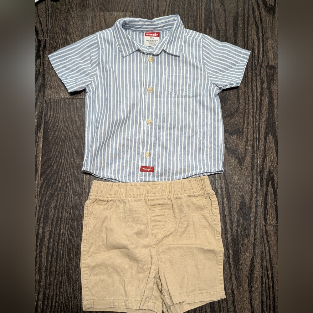 2/$25 Wrangler Baby Boy 2-Piece Outfit • Striped Shirt & Khaki Shorts • 24M